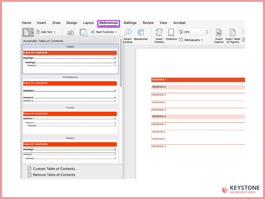 Screenshot: How to create a Table of Contents in Microsoft Word