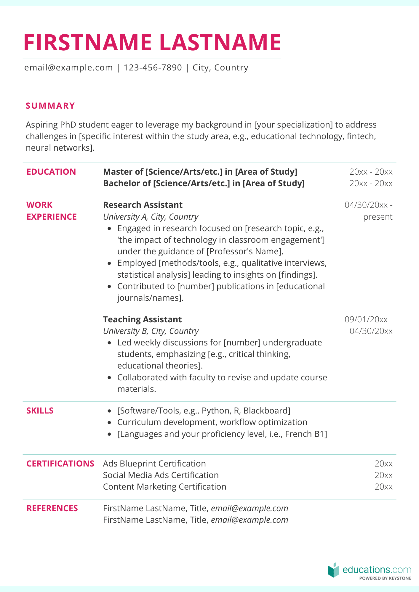 PhD resume example, PhD CV example