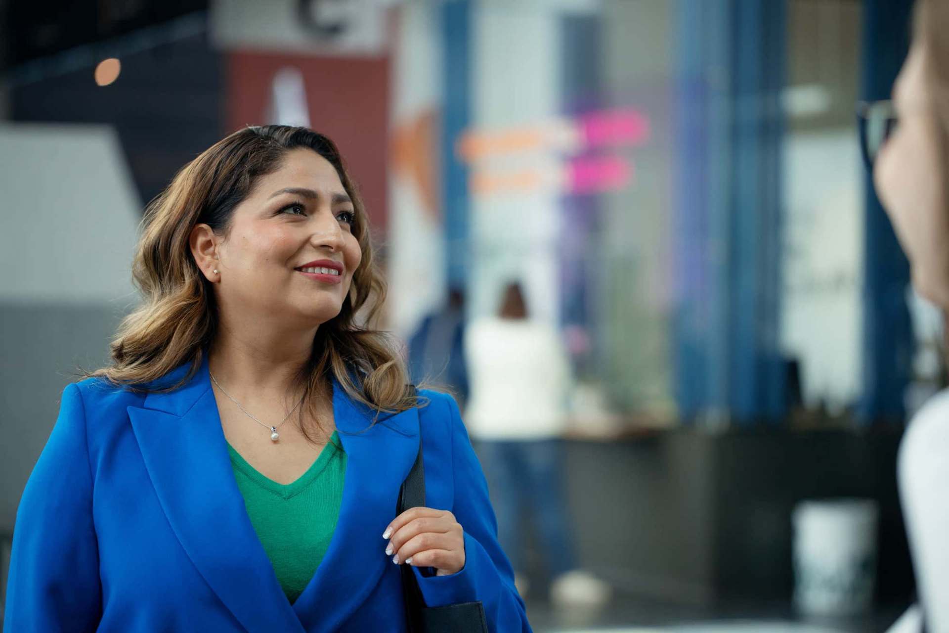 Woman looking to her left.