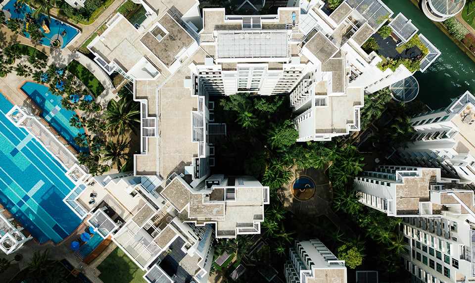 Aerial shot of a tropical hotel resort