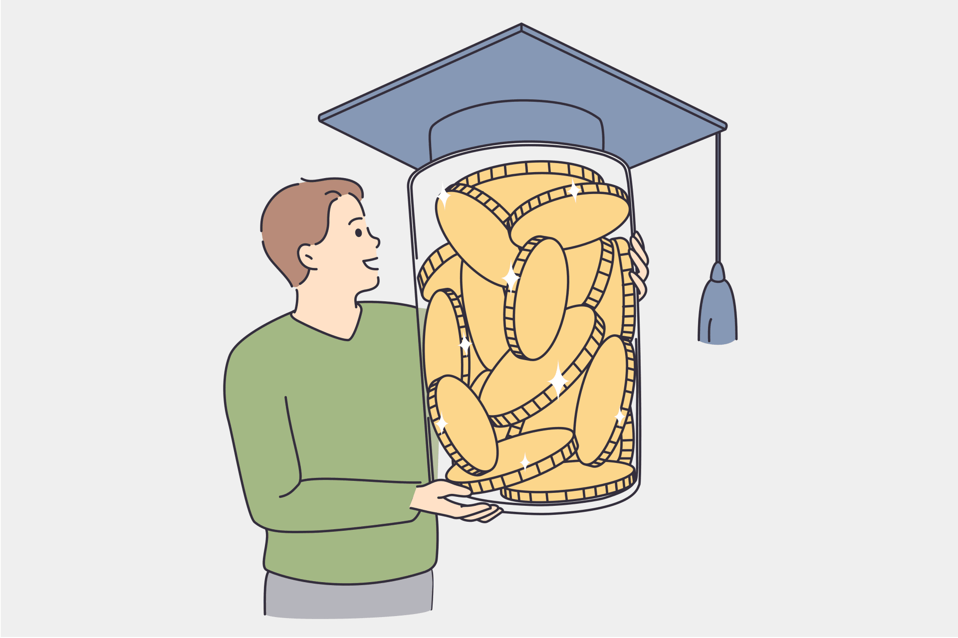 Young boy standing holding huge jar full of golden coins covered with student degree bonet vector illustration