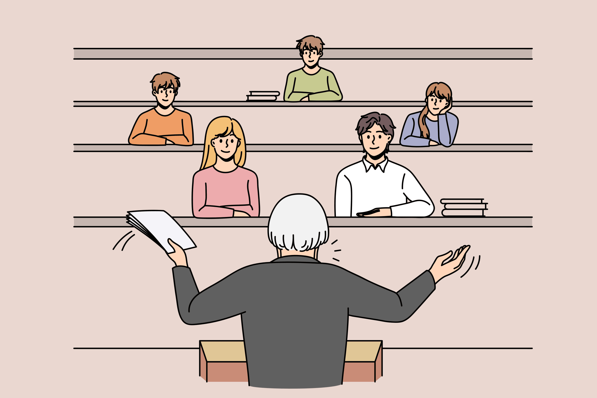 Grey haired professor standing backwards and making lecture presentation for young students in class vector illustration