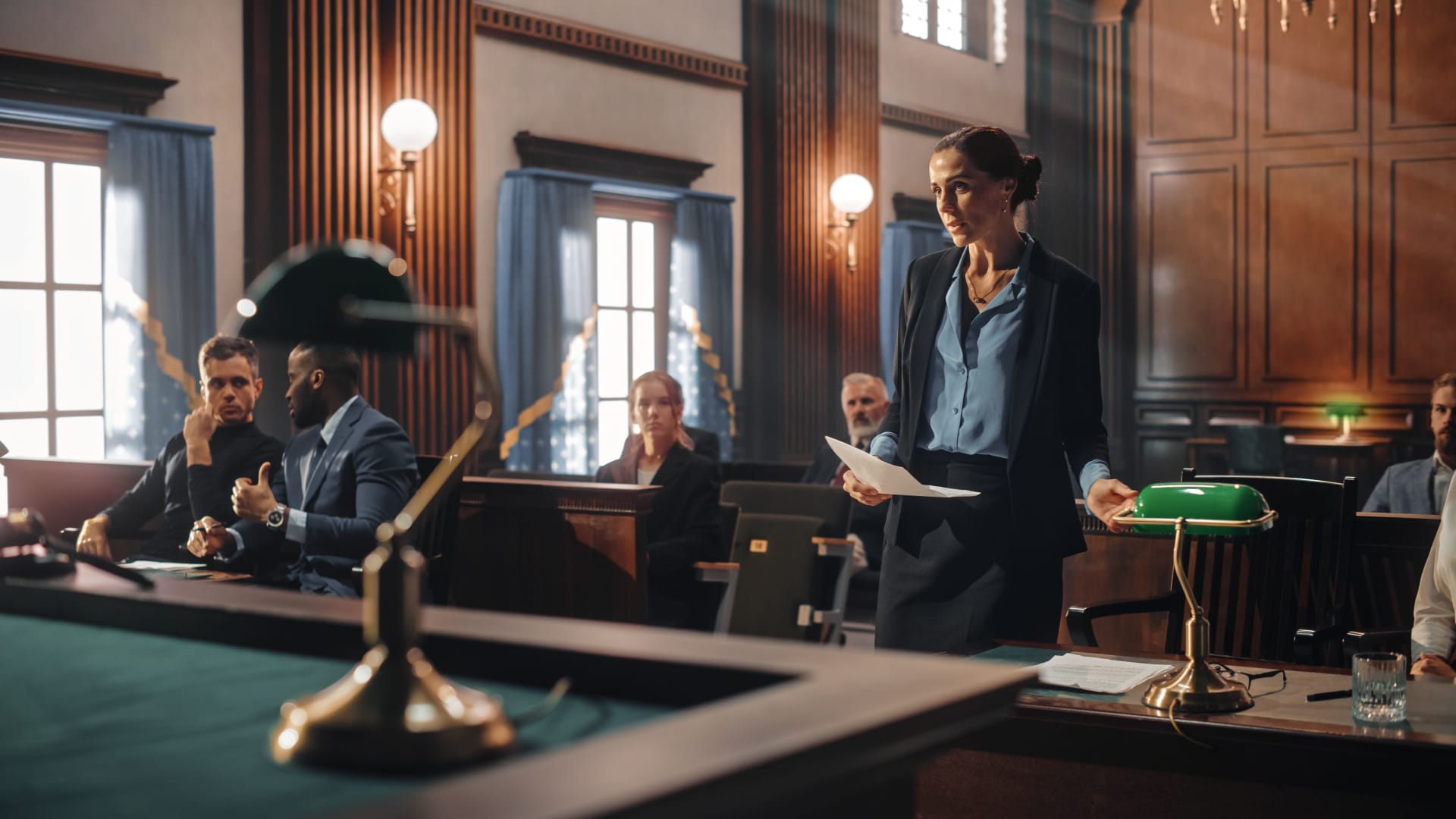 Female public defender presenting mock trial case