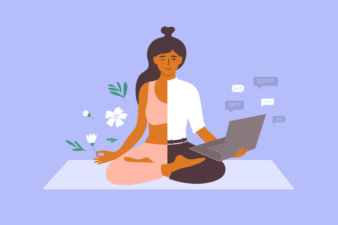 Woman maintaining work life balance meditating and working
