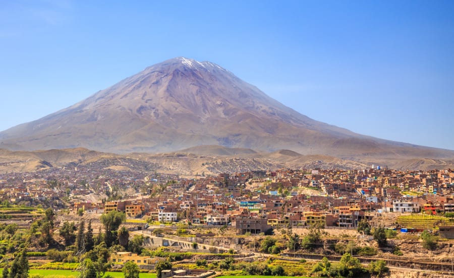 Dormant Misti Volcano over the streets and houses of peruvian city of Arequipa, Peru