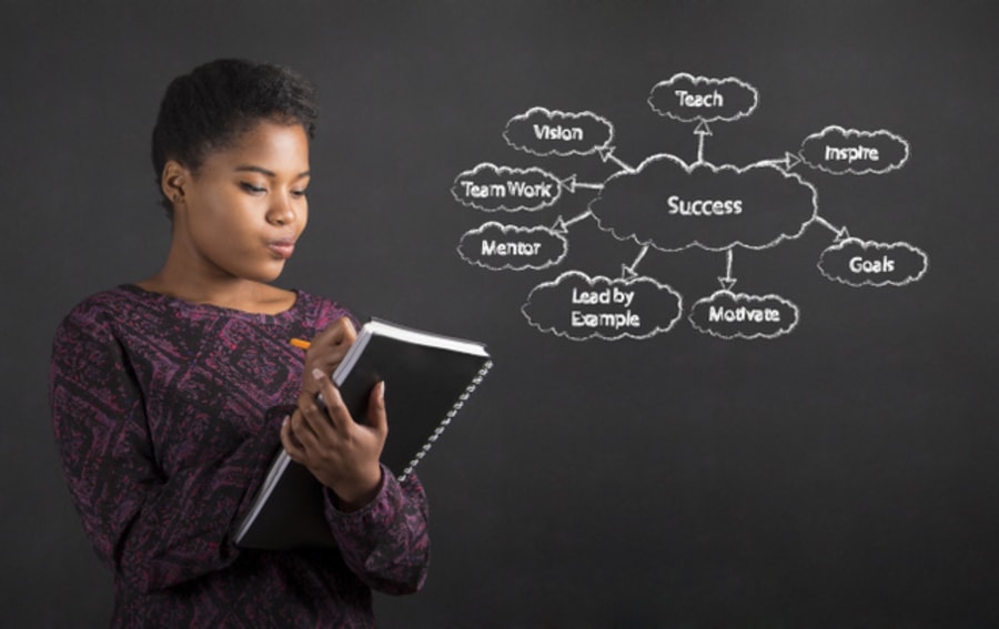 African American woman writing in book diary with a success diagram on blackboard background