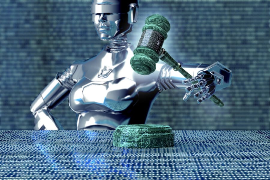 legal computer judge concept, robot with gavel,3D illustration.