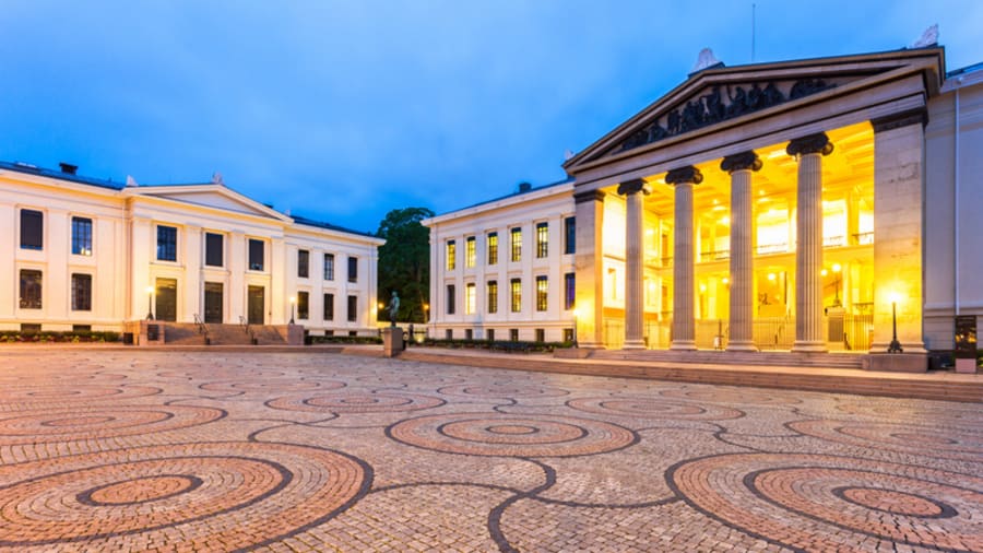Oslo University at dusk in Oslo, Norway.