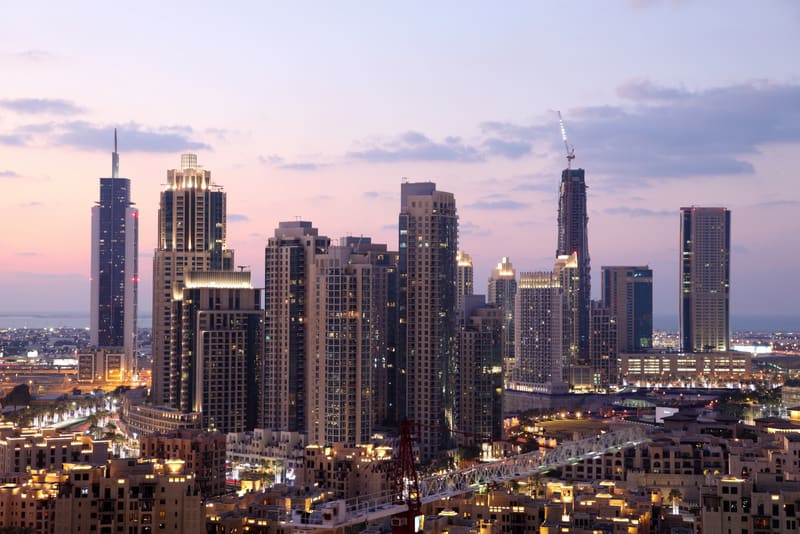 Dubai Downtown at dusk. United Arab Emirates