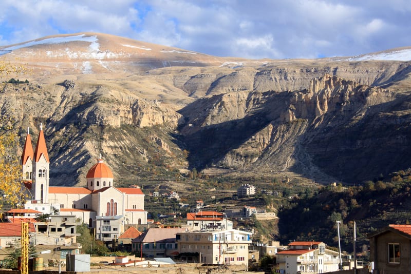 Mount, snow n town Bcharre in Quadisha valley in Lebanon