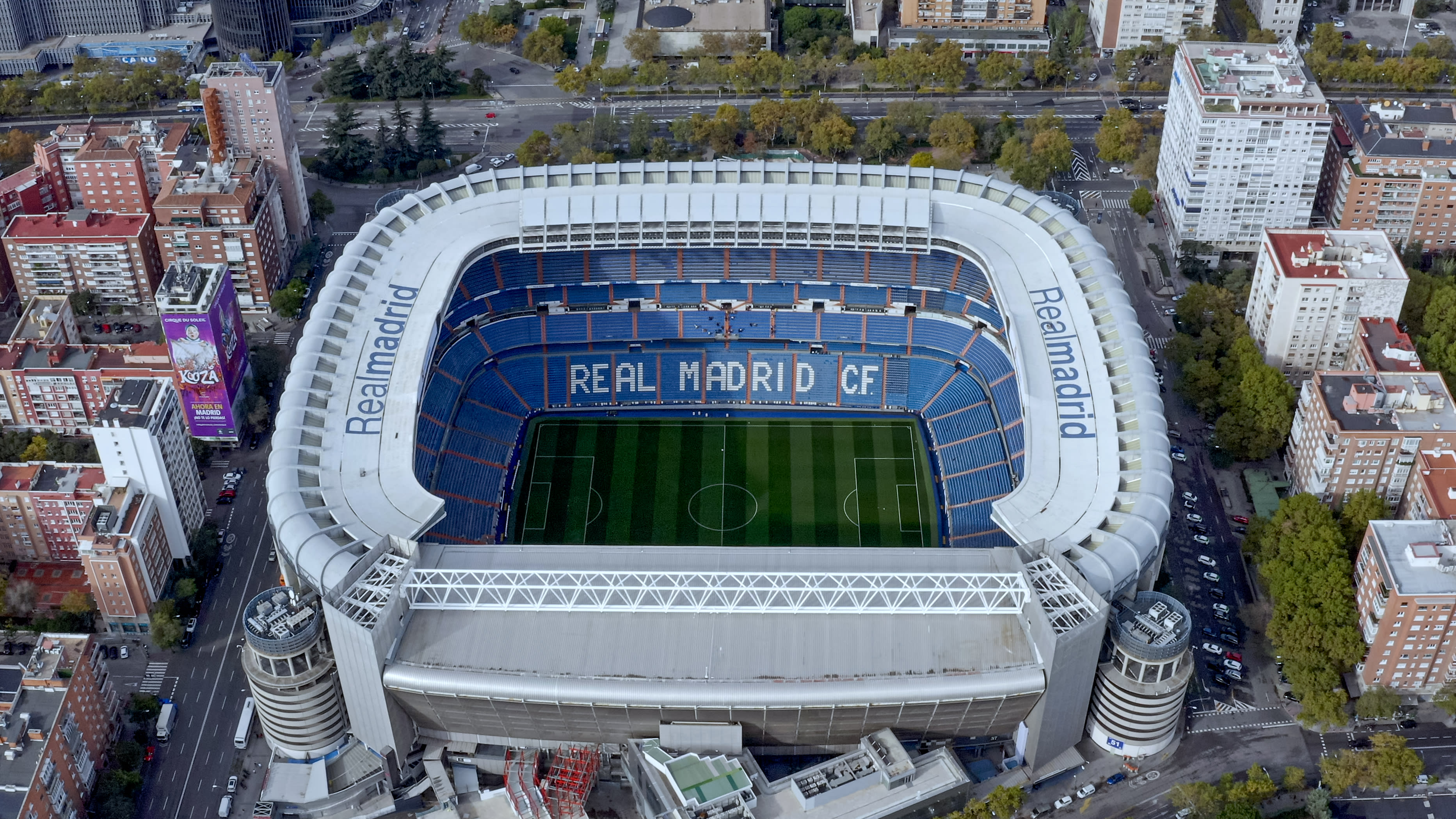 The Santiago BernabÃ©u aerial view football stadium in Madrid, Spain