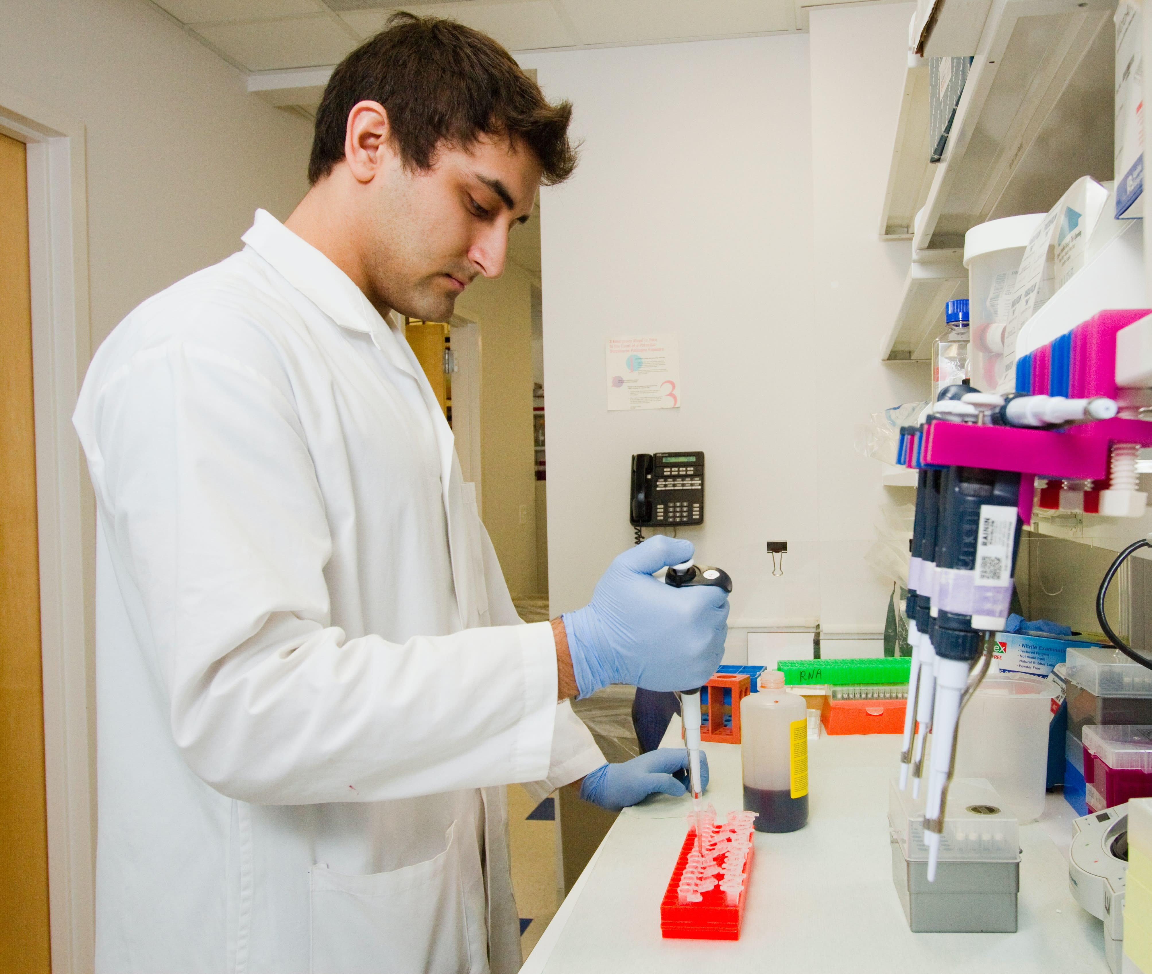 Un scientifique de sexe masculin dans un laboratoire pipetant un réactif protéique dans des tubes eppendorf.