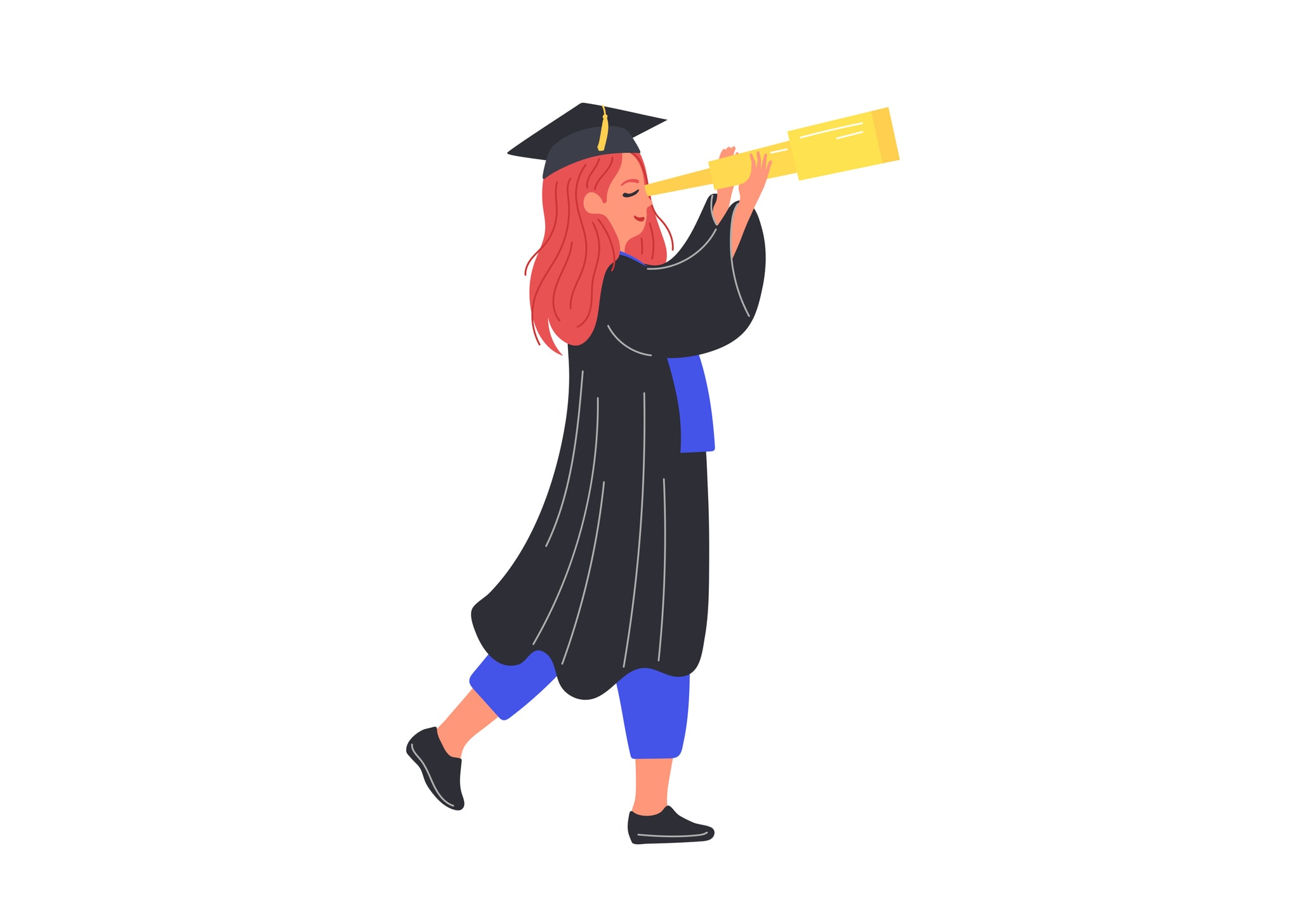 Graduated girl in cap and gown looks into telescope.