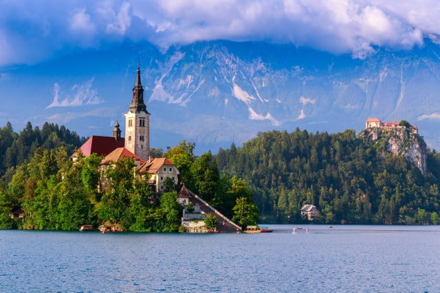 Bled with lake, island  and mountains in background, Slovenia, Europe