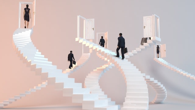 3D character  goes on the stairs to reach the goal or arrive to