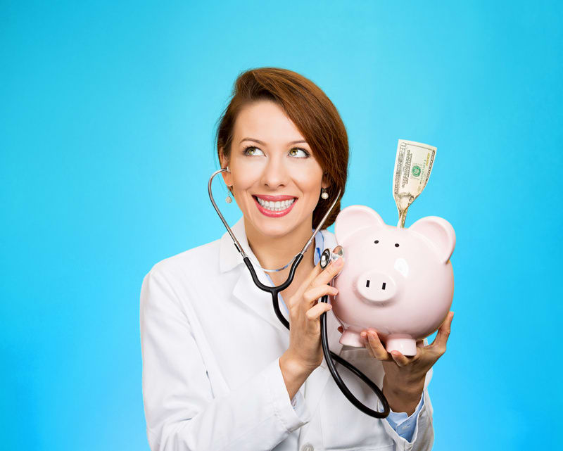 Closeup portrait health care professional doctor nurse listening with stethoscope to piggy bank, dollar bill isolated blue background. Medical insurance, medicare medicaid reimbursement reform concept