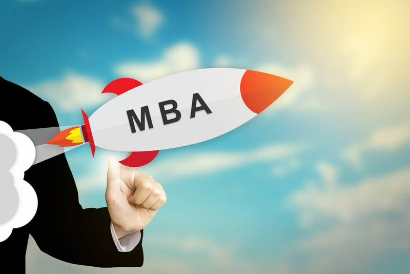 business hand clicking MBA or Master Of Business Administration flat design rocket
