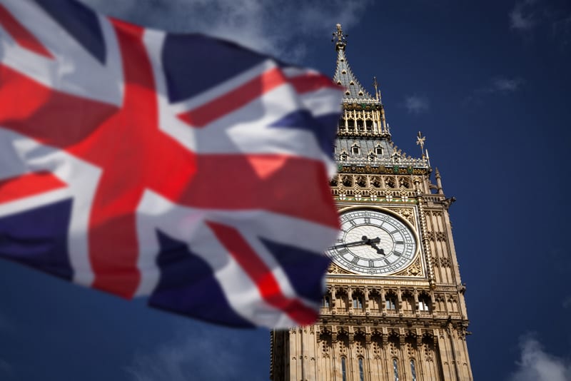 British union jack flag and Big Ben Clock Tower at city of westm