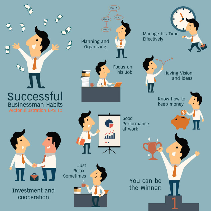 Set of successful businessman habits, various poses and many gestures. Cute character businessman with flat design style.