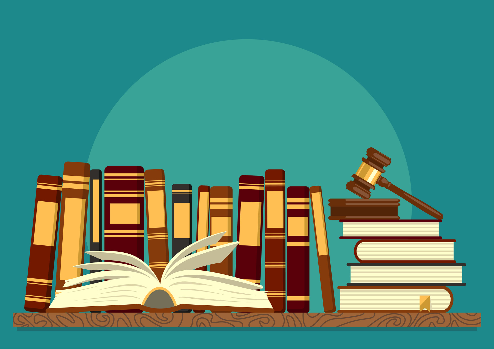 Books on shelf with open book and judge gavel on teal background