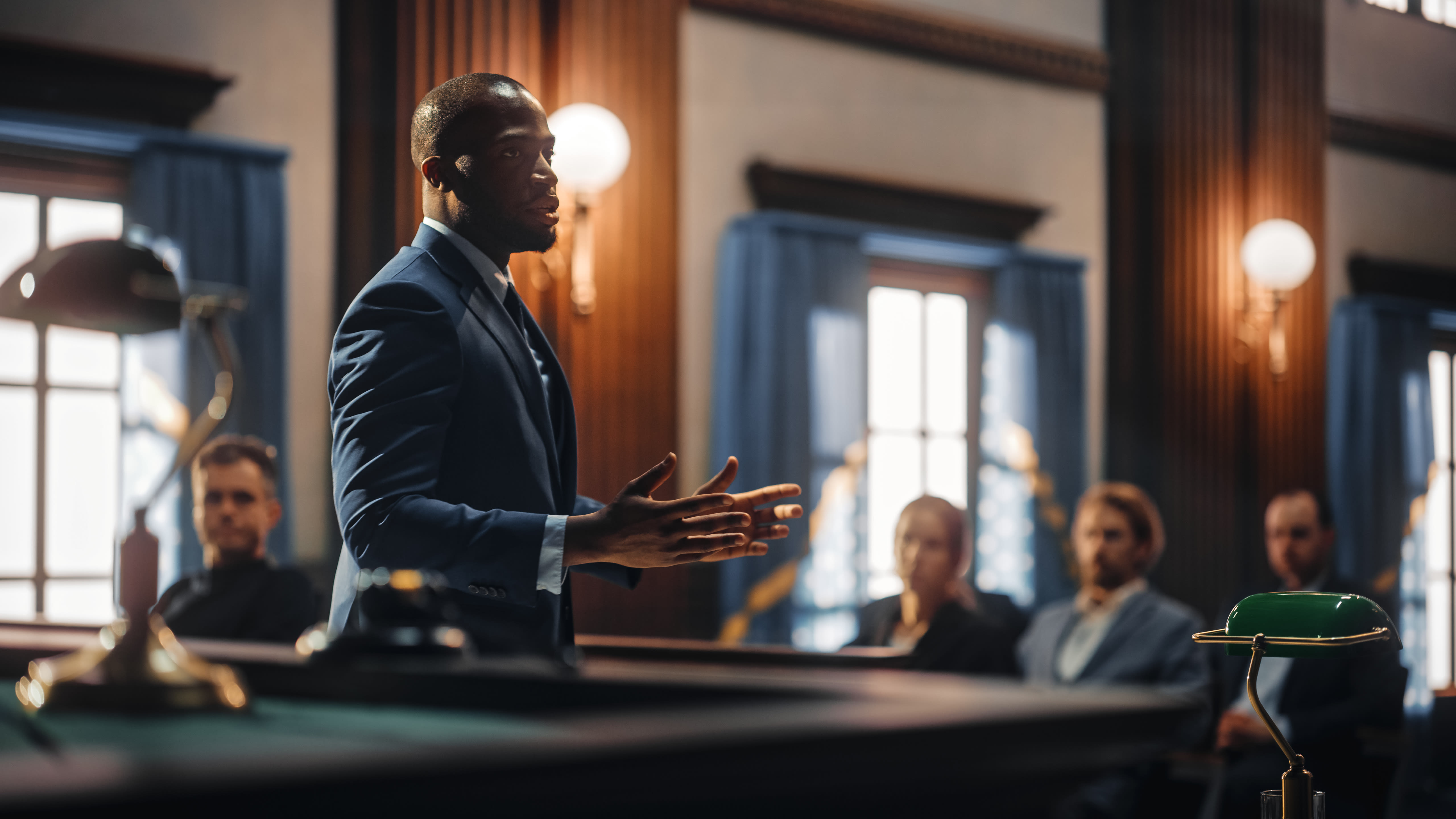 Male public defender presenting mock trial case