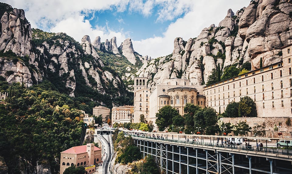 Rock face and buildings in Monestir de Montserrat, Spain