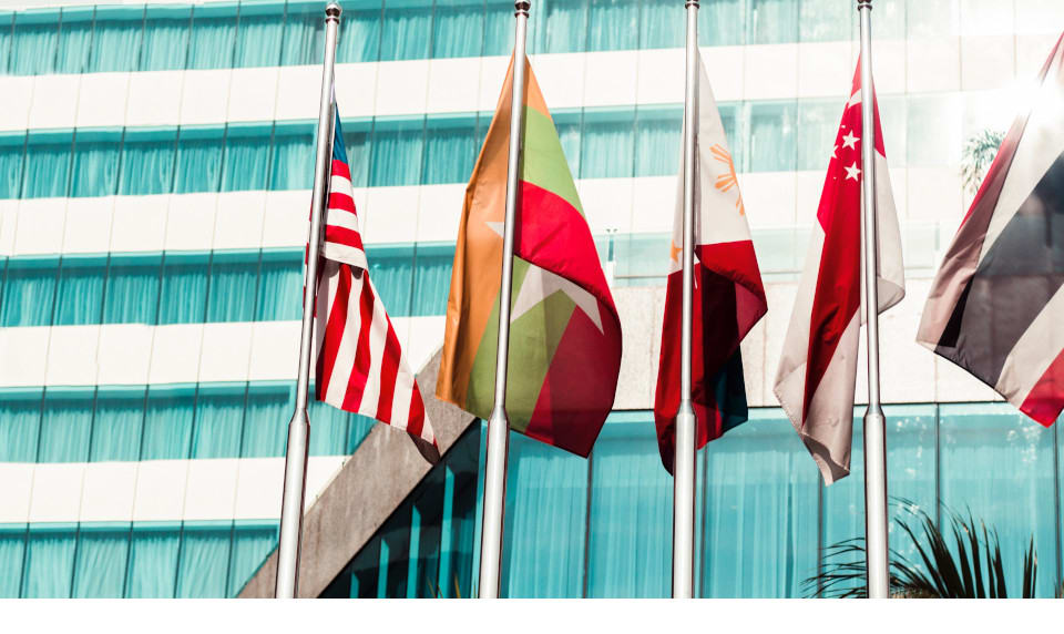 flags in front of office building
