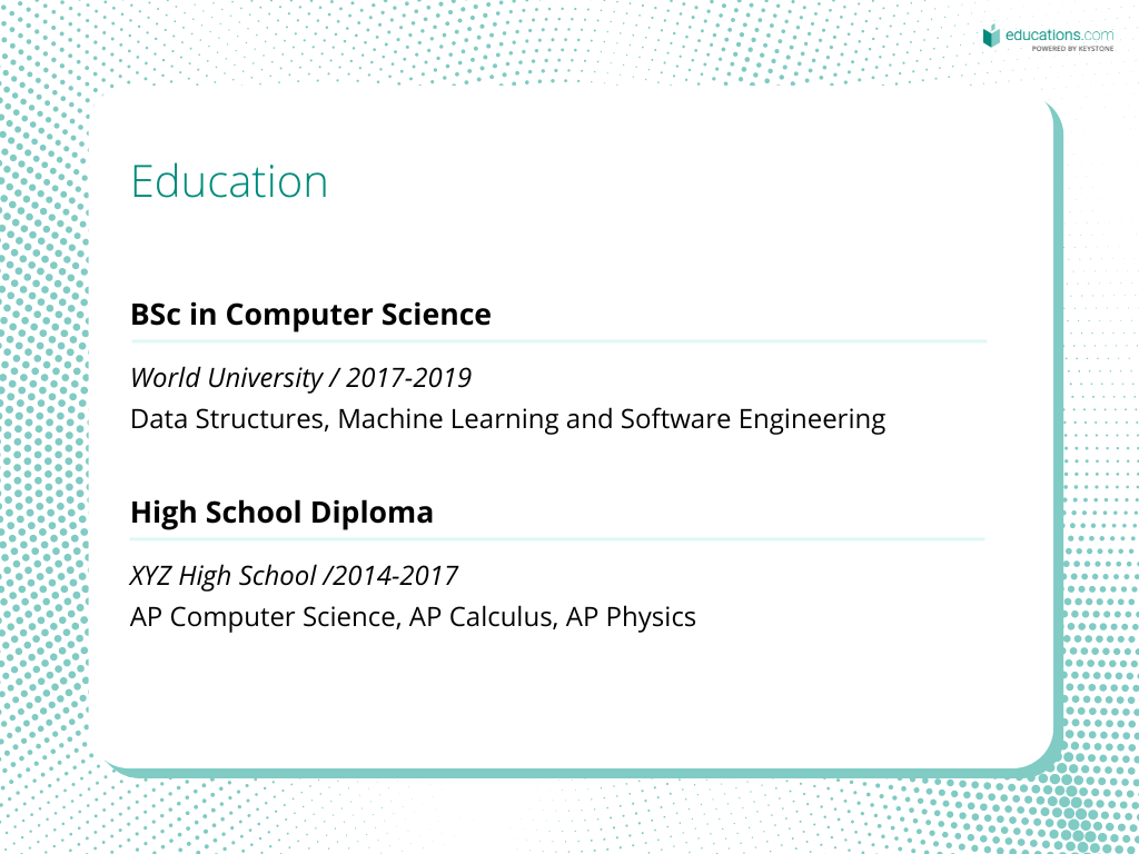Education section - Internship resume