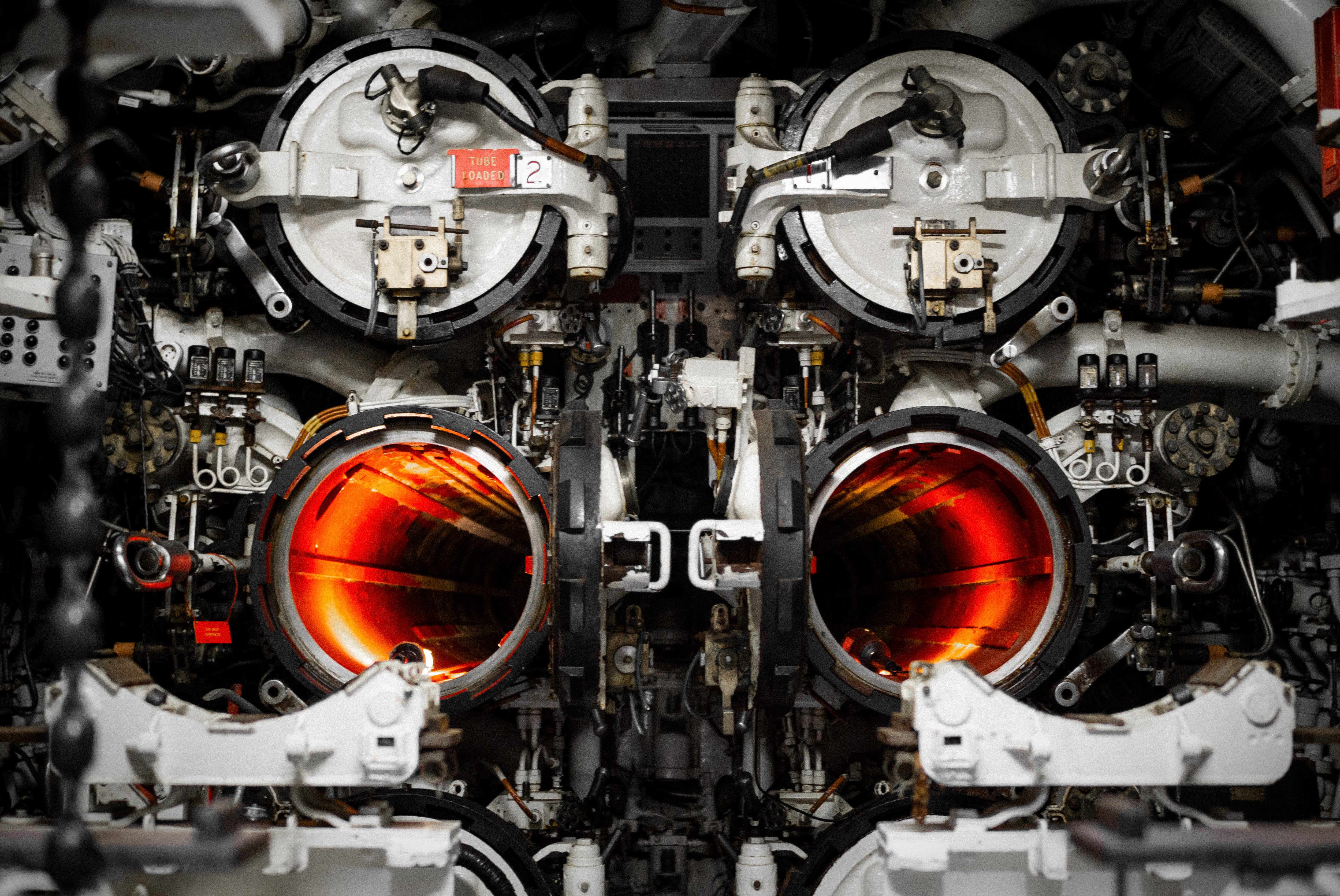 The torpedo tubes of the submarine H.M.S. Otus.