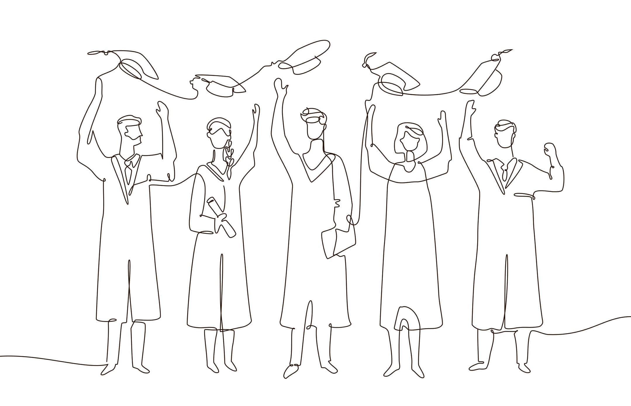 Happy graduating students - one line design style illustration