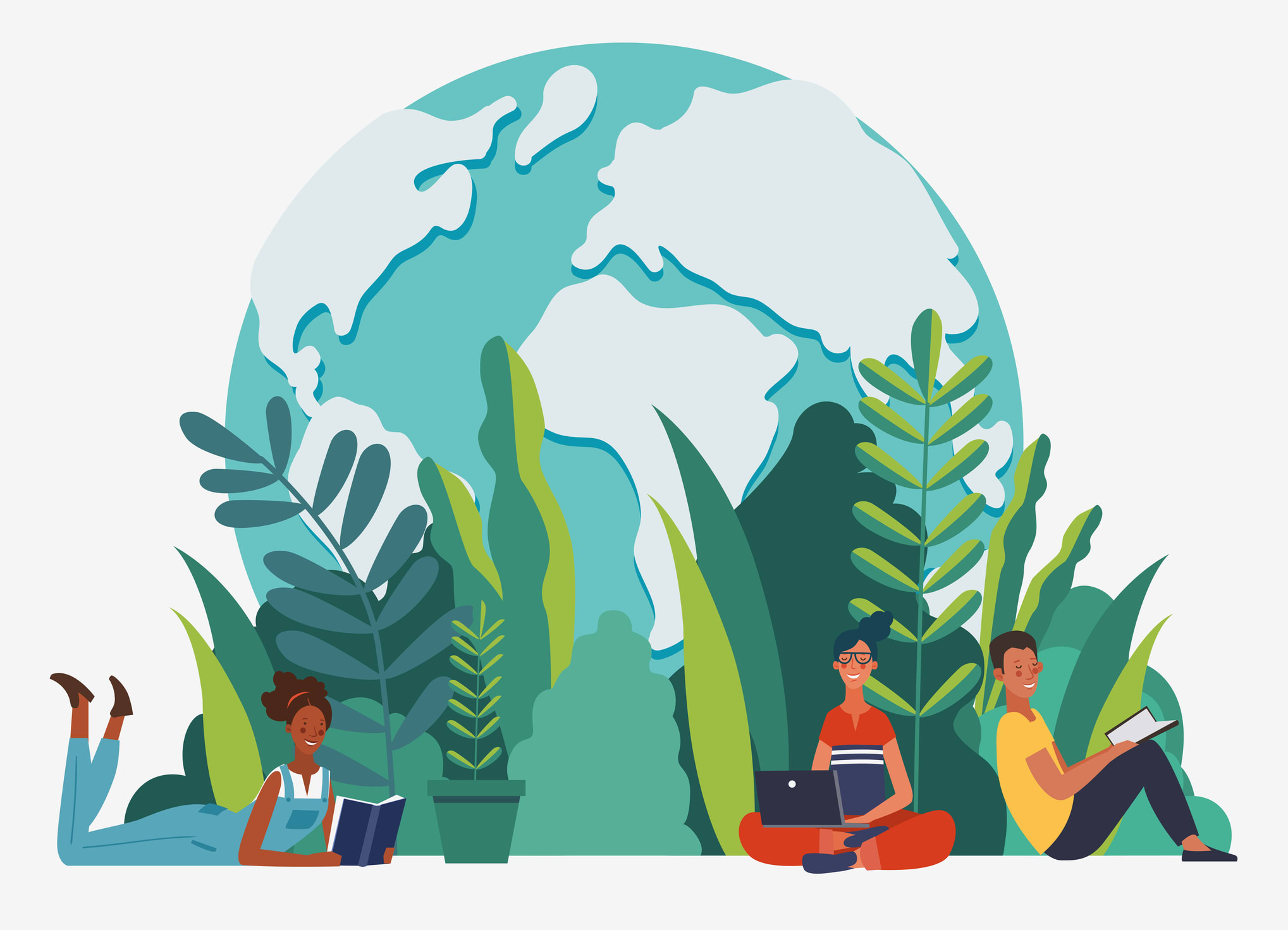 Young people group reading books. Study, learning knowledge and education vector concept. Eco friendly ecology poster. Nature conservation illustration