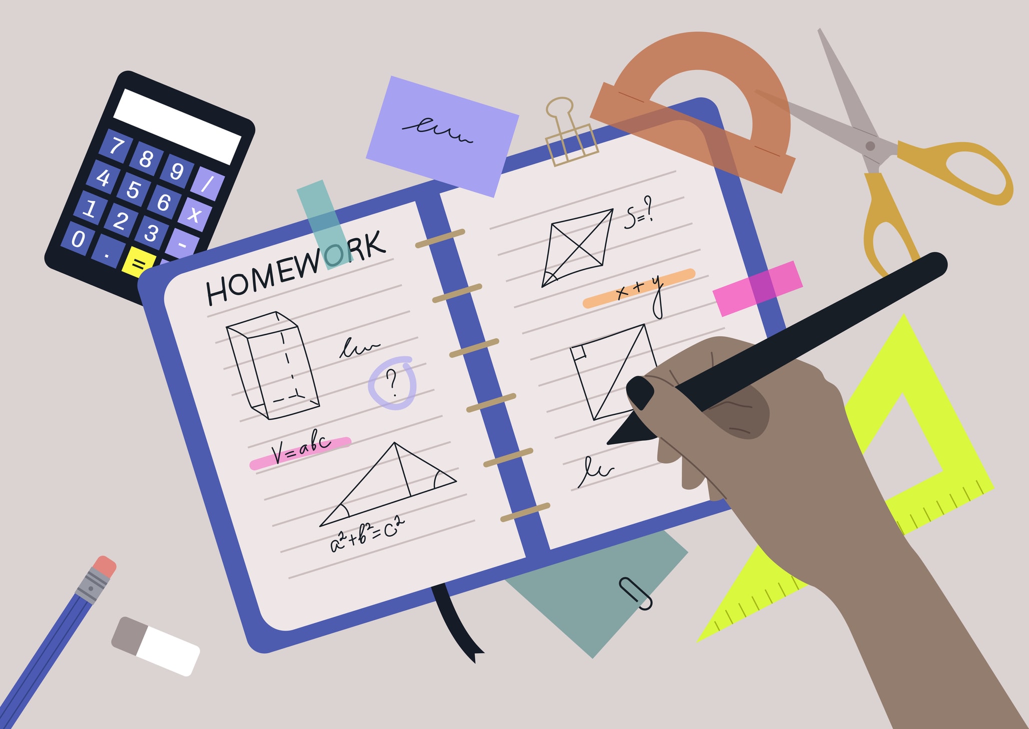 A top view of a geometry class homework, a stationery set