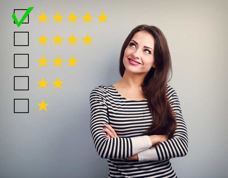 The best rating, evaluation. Business confident happy woman voting to five yellow star to increase ranking. On grey background