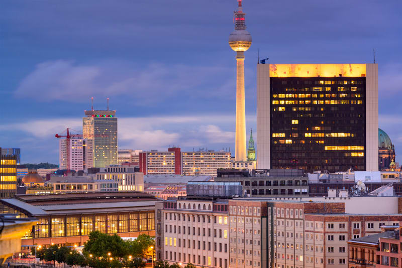 Berlin, Germany cityscape at twilight.