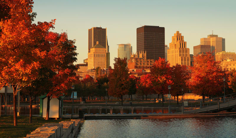 Buildings in the old port of Montreal early in the morning during fall season