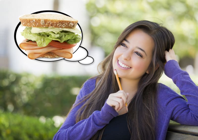 Pensive Woman with Big Delicious Sandwich Inside Thought Bubble.