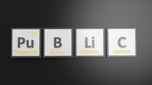 Periodic table of elements symbols used to form word Public, isolated on black