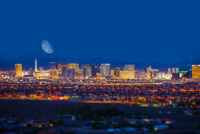 Las Vegas Strip and the Moon. Las Vegas Panorama at Night. Nevada, United States.