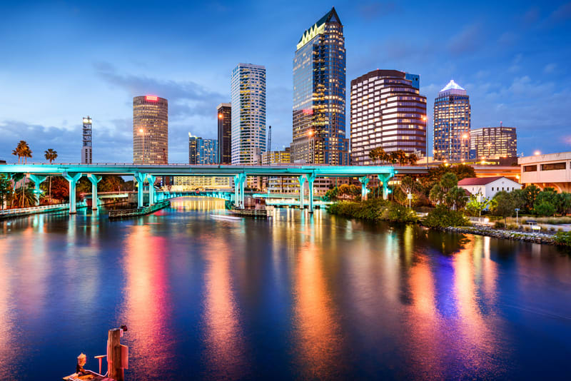 Tampa, Florida, USA downtown city skyline over the Hillsborough River.