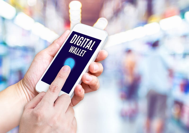 Hand holding mobile phone with Digital Wallet word with blurred