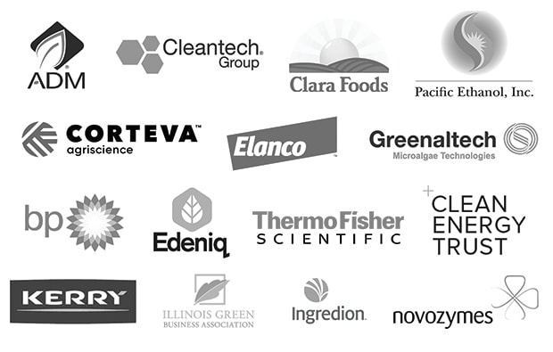 Corporate Logos: ADM (Archer Daniels Midland), Cleantech Group, Clara Foods, Pacific Ethanol, Corteva Agriscience, Elanco, Greenaltech, BP, Edeniq, Thermo Fisher Scientific, Clean Energy Trust, Kerry Ingredients, Illinois Green Business Association, Ingredion, and Novozymes. Corporate Logos: ADM (Archer Daniels Midland), Cleantech Group, Clara Foods, Pacific Ethanol, Corteva Agriscience, Elanco, Greenaltech, BP, Edeniq, Thermo Fisher Scientific, Clean Energy Trust, Kerry Ingredients, Illinois Green Business Association, Ingredion, and Novozymes.