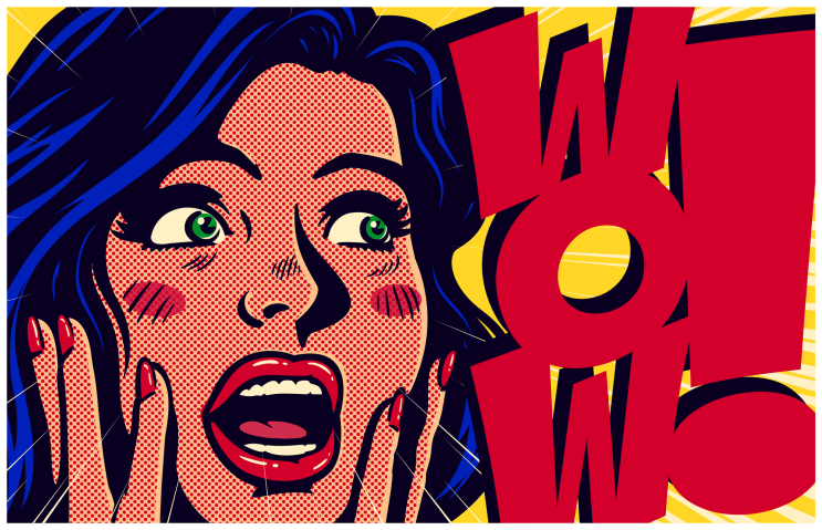 Vintage pop art style surpised and excited comic girl saying wow vector illustration stock illustration...