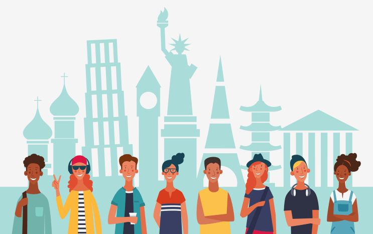 Group of young people in front of famous landmarks. Communication, teamwork and connection vector concept stock illustration