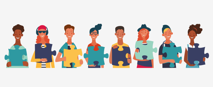 Young people holding the big jigsaw puzzle piece. Friendship, partnership, cooperation, collaboration and teamwork vector concept stock illustration