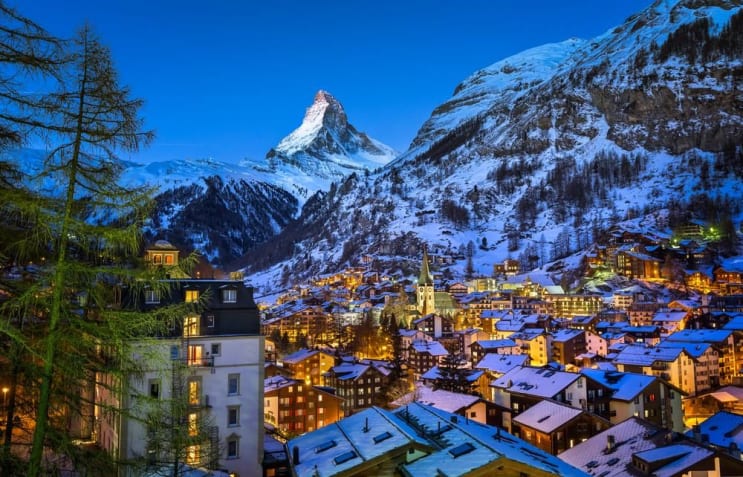 Aerial View on Zermatt Valley and Matterhorn Peak at Dawn, Switzerland Aerial View on Zermatt Valley and Matterhorn Peak at Dawn, Switzerland